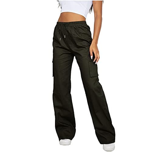 Image of New Ladies Wide Leg Cargo Combat Stretch Casual Trousers Women's Bottoms (UK, Alpha, S, M, Regular, Regular, Black, Relaxed)