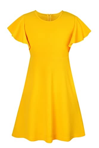 Image of SFreeBo Girls Short Sleeve Sundress Yellow Dress for Girls Round Neck Plain Cute Skate Dress Girls Dresses 7-8 Years Casual