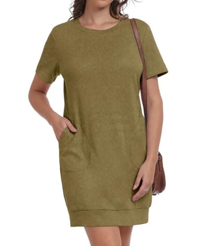 Image of PrinStory Women's Short Sleeve Dresses With Pockets Summer Causal Basic Mini T Shirt Dress For Ladies (Moss Green,XL)