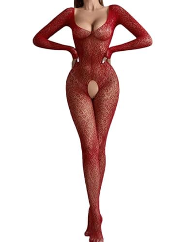 Image of PARUPRUP Women's Fairy Fishnet Mesh Bodystocking Sexy Sheer See Through Lace Lingerie Set One Piece Bodysuit Deep V Neck Hollow Out Jumpsuit Tights Babydoll Teddy Underwear (Burgundy, One Size)