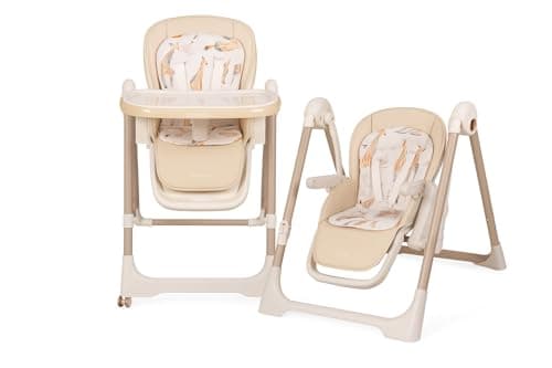 Image of Bambino 2-in-1 Baby High Chair & Swing Chair, 6 Months-3 Years, 5-Point Safety Harness, Height Adjustable, Reclining, Foldable with Wheels & Removable Tray - Beige