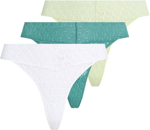 Image of Calvin Klein Women's 3 Pack Low Rise Thongs with Lace, Multicolor (White/Highline Green/Lively Teal), L