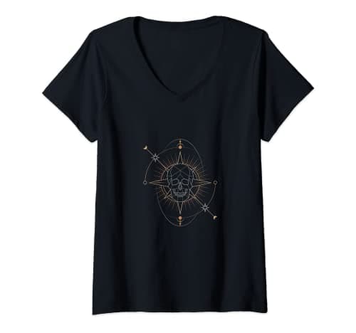 Image of Womens Geometric Skull Astrological Tarot Card V-Neck T-Shirt
