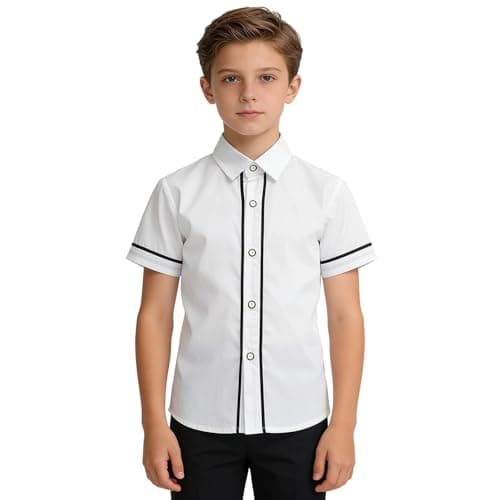 Image of Generisch Boys' Short Sleeve Shirt Classic Design with Contrast Piping - White Shirt in Sporty Baseball Style | Festive Shirt for School and Family Celebrations