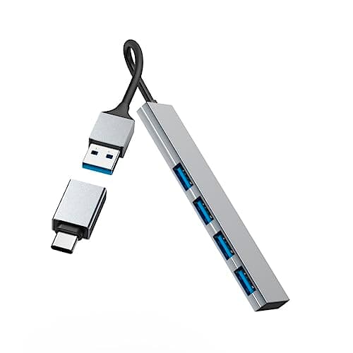 Image of Hama USB Hub 4 Ports (USB-A and USB-C connection, 4x USB-A for mouse, keyboard, external hard drive, USB stick, etc., aluminum housing, ultra-slim, USB adapter for office and home office