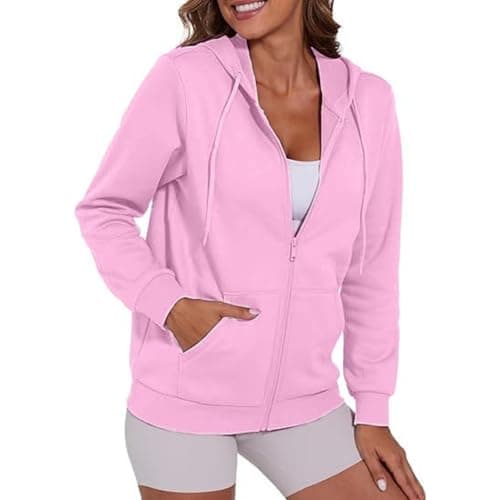 Image of Zip Up Hoodie Women Zip Up Fleece Jacket Women Lightweight Oversized Fleece Hooded Jackets Full Zip Hooded Sweatshirt with Pockets Warm Sweaters Coats Basic Cardigan Coat Tops Womens Clothes Pink