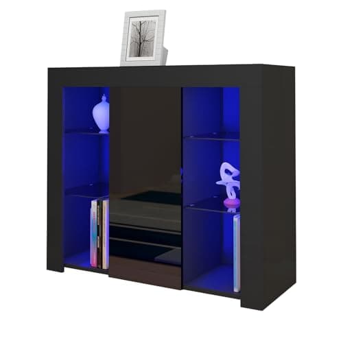Image of Panana Sideboard Cupboard Unit 4 Glass Shelves Cabinet RGB LED Lighted 37x13.78x32.68inch (Black)