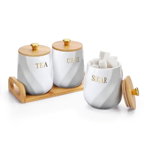 Image of BTSKY Ceramic Kitchen Canisters with Lid and Tray - White Airtight Sugar Coffee Tea Containers with Wooden Tray, Food Storage Jars for Kitchen Counter
