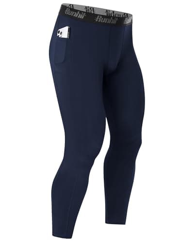 Image of Runhit Men’s Compression Running Leggings with Pockets, Athletic Base Layer Trousers, Cycling Tights Pants for Basketball Workout Navy Blue M