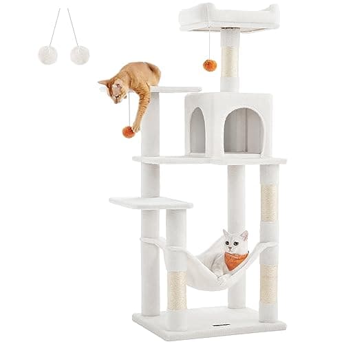 Image of Feandrea Cat Tree Tower, 143 cm Multi-Level Plush Cat Condo with 4 Scratching Posts, 2 Perches, Cave, Hammock, Pompoms, Cream White PCT161T01