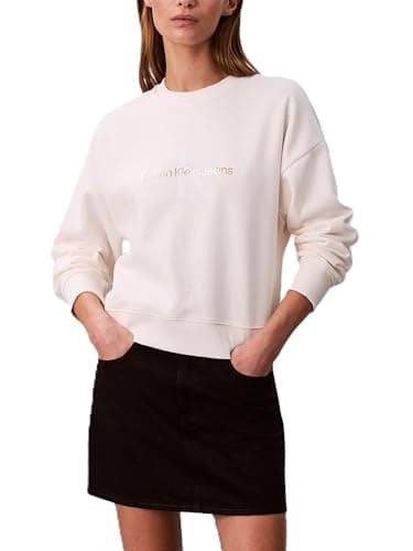Image of Calvin Klein womens Monogram Logo Crewneck, White Greige, XS