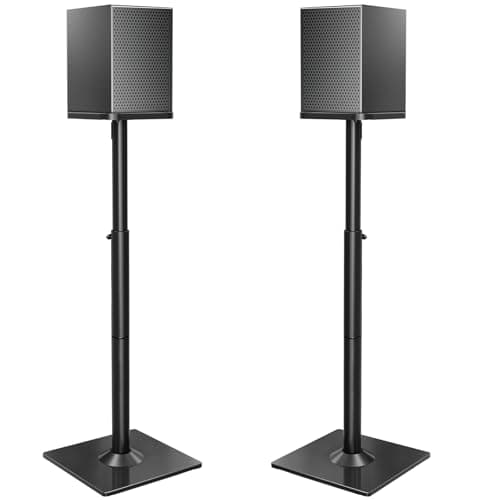 Image of ELIVED Adjustable Height Speaker Stands for Satellites Up to 10KG, Extend 720mm to 950mm, Universal Bookshelf Floor Speaker Stand with 2 Types of Foot Pads, Cable Management,1 Pair, Black EV5022-L