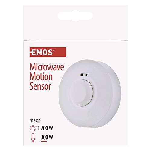 Image of EMOS Microwave Motion Sensor Surface-Mounted for Indoor Use, 360° Working Area, 8 m Range, Sensitivity 3-2000 Lux, Adjustable Lighting Time, Installation Height 1.5-3 m