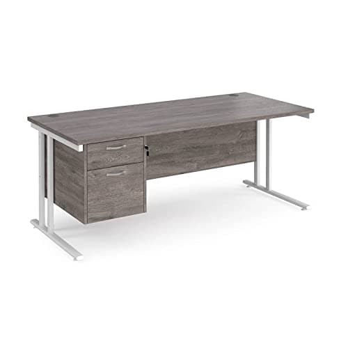 Image of Maestro 25 Rectangle Desk 800 mm Deep with Single 2 Drawer Fixed Pedestal & White Cantilever Leg, Grey Oak, 180 cm