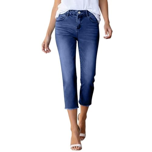 Image of VPQILH Womens Cropped Jeans UK Straight Legs 3/4 Length Denim Trousers Ladies High Waist Capri Pants Summer Elegant Slim Fit Joggers Lightweight Trouser Dark Blue