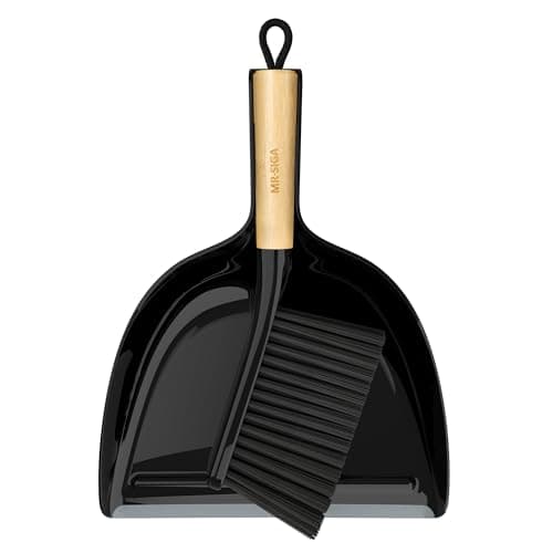 Image of MR.SIGA Dustpan and Brush Sets, Dust Pan and Brush Bamboo Handle, Durable Bristles and Easy-Sweep Blade, Lightweight Design, Black