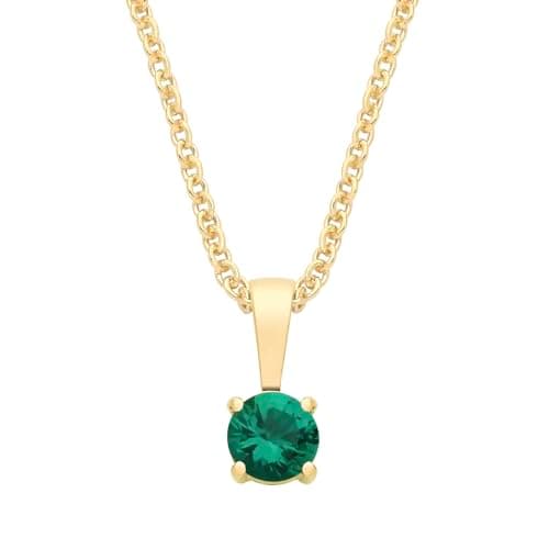 Image of 9ct Yellow Gold Created Emerald Round Solitaire Pendant May Birthstone + 18" Chain Necklace