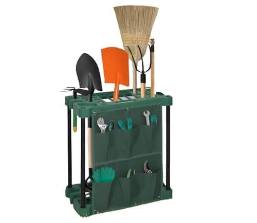 Image of Garden Tidy Tool Rack Shed Storage Organiser Equipment Caddy Gardening Accessories Holder Stand Garage Yard Space Saving Rakes, Shovels & More (With Pocket)