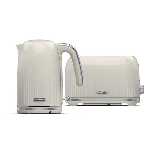 Image of GEEPAS Fluted 1.7L Kettle & 2 Slice Toaster Kitchen Combo Set | 3000W Rapid Boil Cordless Kettle Auto Shut-Off | 1750W Toastie Machine 6 Browning Level Removable Crumb Tray Cord Storage | Cream