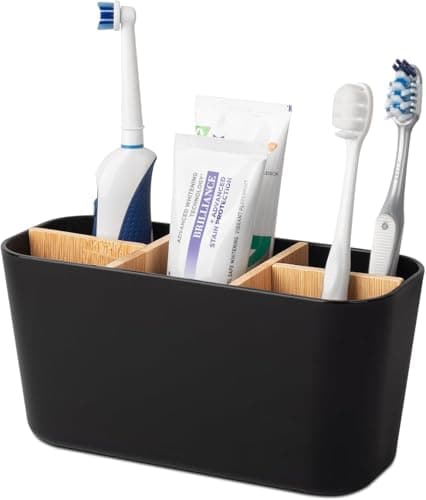 Image of Bingobang Toothbrush Holder for Bathroom, Bamboo Electric Toothbrush and Toothpaste Holder with 5 Storage Slots, Toothbrush Caddy Organiser for Family Bathroom Countertop (Black)
