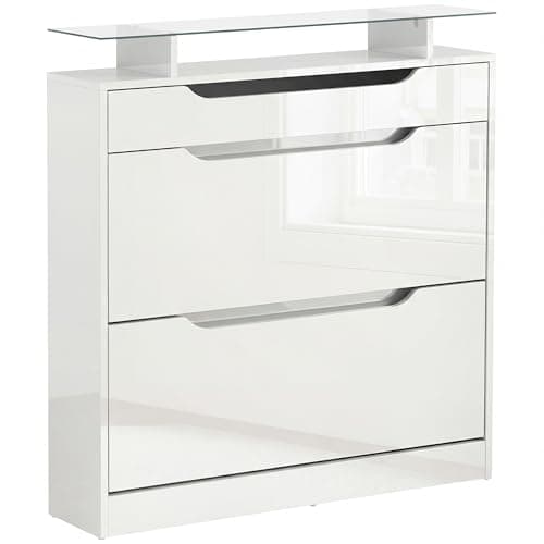 Image of HOMCOM Shoe Storage Cabinet, Shoe Cupboard with Slide Out Drawer, 2 Flip Doors, Tempered Glass Top and Adjustable Shelves for 16 Pairs of Shoes, White