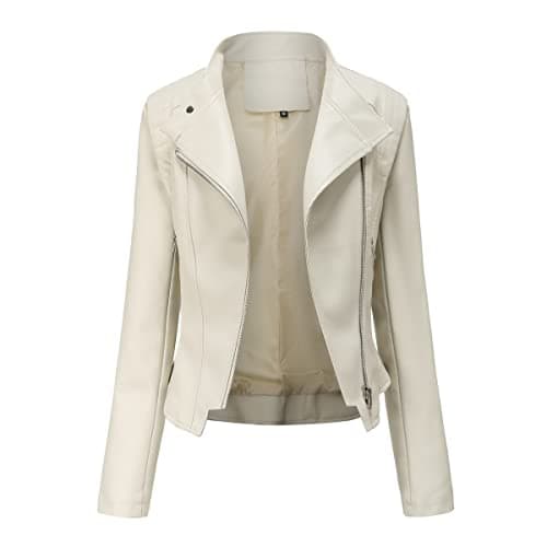 Image of YYNUDA Leather Jacket Women Zip Up Biker Moto Jacket Short Bomber Jacket Motorcycle Jacket Outwear Coat Beige L