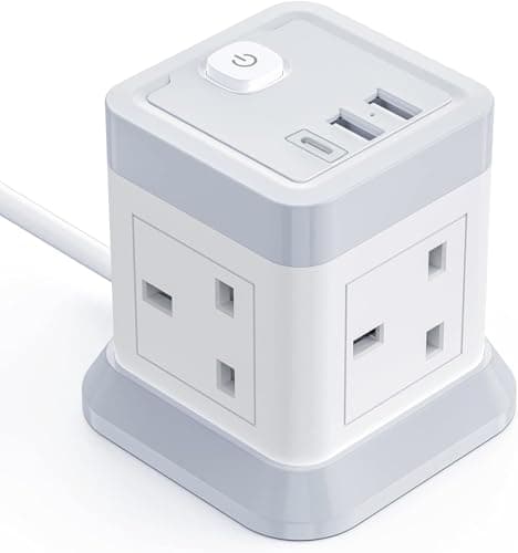 Image of Extension Lead Cube with USB, BEVA 4 Way Power Strip with 3 USB Ports, Desktop Power Extension Socket with 1.5M Extension Cable Cords for Home Dorm Office Travel-WHITE