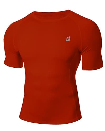 Image of WISMBOX Men's Compression Shirt, Short Sleeve Quick Dry T-Shirt, UPF 50+ Sun Protection Base Layer Gym Top for Running Football Tomato Red