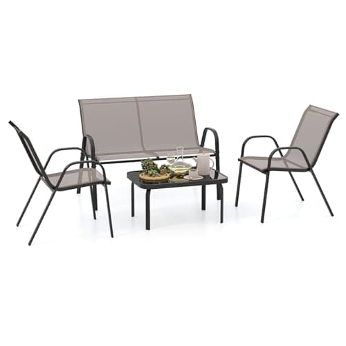 Image of COSTWAY 4-Piece Garden Furniture Set, Metal Frame Patio Conversation Set with Loveseat, 2 Bistro Chairs & Tempered Glass Table, Outdoor Table and Chairs Conservatory Seating for Balcony Yard (Grey)