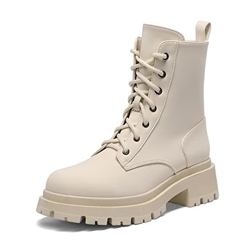 Image of DREAM PAIRS Women's Comfortable Chunky Mid Calf Boots, Stylish and Waterproof Slip Resistant Biker Combat Ankle Booties with Lace-Up Zipper Design,Size 6.5,Beige,SDMB2203W-E