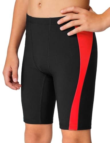 Image of JOCMIC Boys Swim Jammers Youth Competitive Swim Team Trunks Athletic Swimsuit Quick Dry Swimming Shorts Black/Red, 7-8 Years, Tag 130