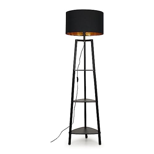 Image of MiniSun | Black Wooden 3 Tier Floor Lamp with Storage Shelves with a Black/Gold Shade | Floor Lamps & Torchieres, Home Décor & Improvement Essential | Includes 6W GLS Bulb