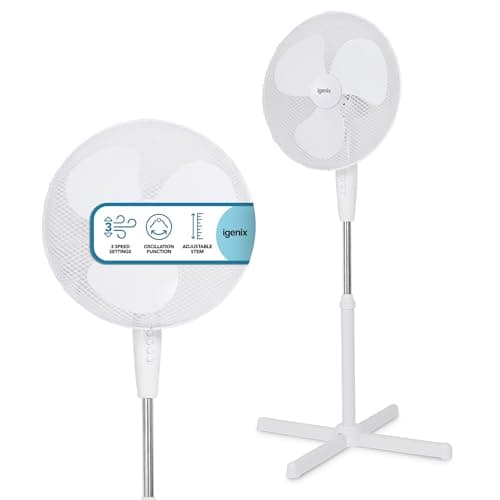 Image of Igenix 16" Oscillating Pedestal Stand Fan with Quiet Operation, 3-Speed Settings, Adjustable Height, Energy Efficient, 40W Cooling, Ideal for Home & Office, DF1655, White