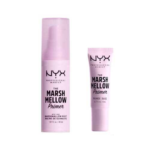 Image of NYX Professional Makeup The Marshmellow Primer Set, Makeup Primer Base, Skin-Focused Primer for Smooth & Even Complexion, Marshmallow Root, Vegan Formula, Regular and Mini Size, 30 ml and 8 ml