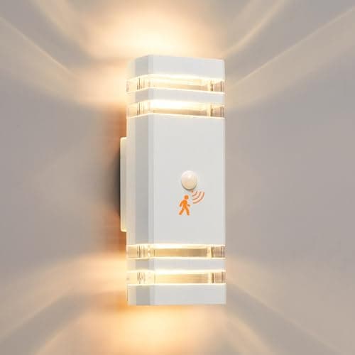 Image of CELAVY Up Down Outside Lights with Motion Sensor, PIR Outdoor Wall Light Mains Powered, IP65 Square Front Door Porch Light Electric, Security GU10 Modern LED External Exterior Lamp for House, White
