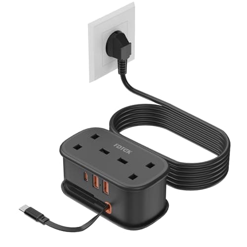 Image of UK to European Plug Adapter with 1.5M Extension Cable，FDTEK 2 Way Travel Extension Lead with 3 USB Slots & Retractable USB C Cable, Type E/F Travel Adapter for Germany France Spain Greece etc