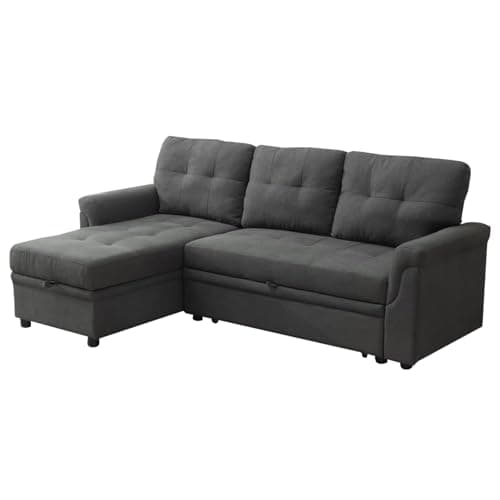Image of Panana 3 Seater Corner Sofa Bed with Storage, Universal Pull Out SofaBed, Left or Right Side Storage Chaise Couch Sectional Sofa (Grey Linen)