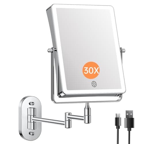 Image of 8.7 Inch Large Size Rechargeable Wall Mounted Makeup Mirror, Bathroom Lighted Mirror Rectangle Double Sided 1X 30X Magnifying, 3 Color Lighting, Extended Arm 360° Swivel Foldable Light Up, 5000mAh