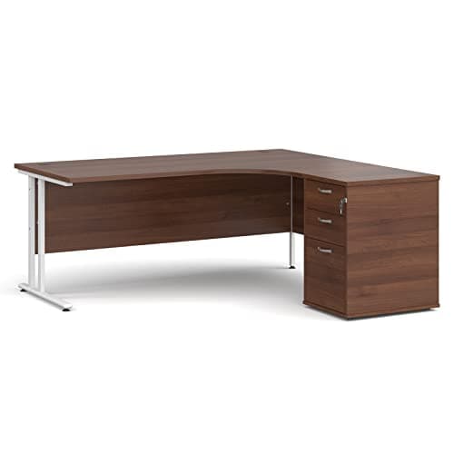Image of Mr Office Maestro 25 right hand ergonomic desk with white cantilever frame and desk high pedestal bundle, Walnut, 1800
