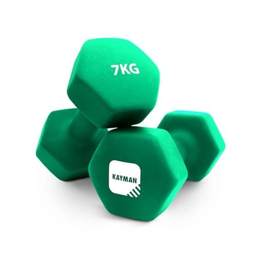 Image of KAYMAN Neoprene Dumbbells Pair with Anti-Slip Grip,Hex Edges,Water-Resistant Surface & Workout Poster-Weight Set for Home, Gym & Fitness (1kg 1.5kg 2kg 3kg 4kg 5kg 6kg 7kg 8kg 9kg 10kg) (2 x 7 Kg)