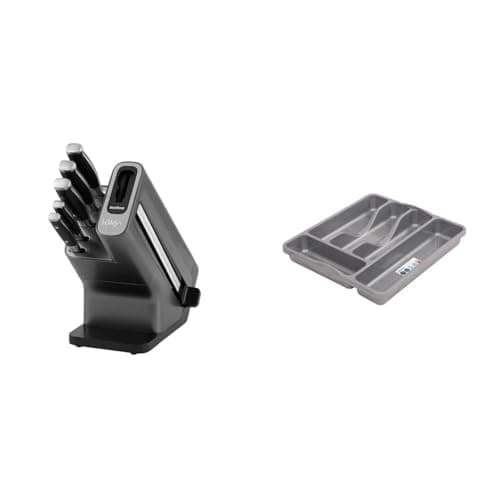 Image of Ninja Foodi StaySharp Knife Block with Integrated Sharpener, 5-Piece Knife Set Includes Chef Knife & Wham Silver 5 Compartment Plastic Cutlery Holder Tray Drawer Organiser Rack