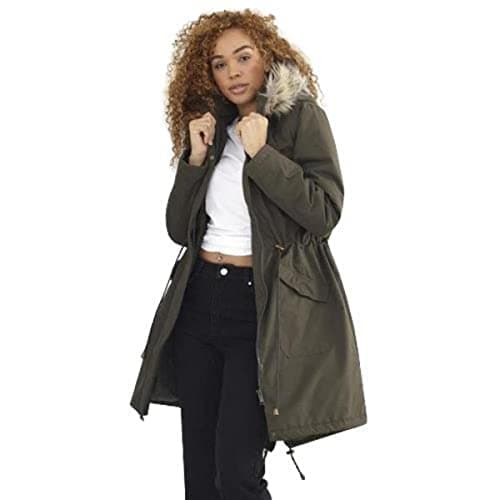 Image of Ladies Charlotte Fishtail Parka Long Coat with Faux Fur Trimmed Hood (10, Khaki)