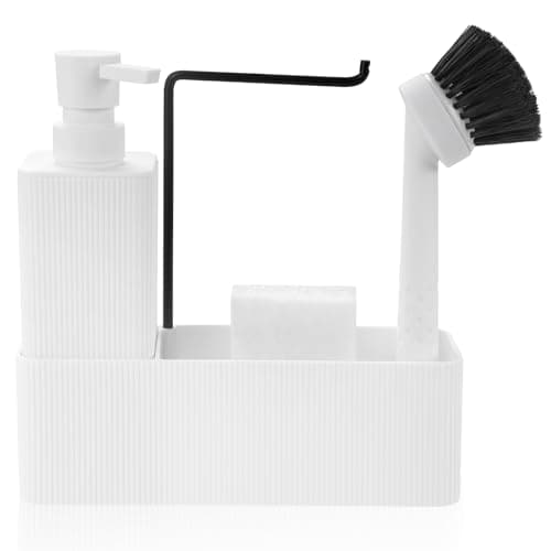 Image of Kitchen Soap Dispenser Set, Washing Up Liquid Dispenser White, Dish Soap Dispenser for Kitchen Washing Up Organiser with Brush Sponge Dishcloth Rack (White, 4 in 1)