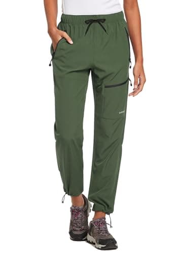 Image of baleaf Womens Walking Trousers Lightweight Quick Dry Water-Resistant Hiking Cargo Pants with Zip Pockets UPF 50+ UV Protection Army Green L