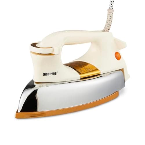 Image of Geepas Automatic Dry Iron| Super Deluxe Heavy Weight Iron Box, Suitable for All Kinds of Fabric| 2.5 kg 1200 W GDI23011 White/Silver/Gold