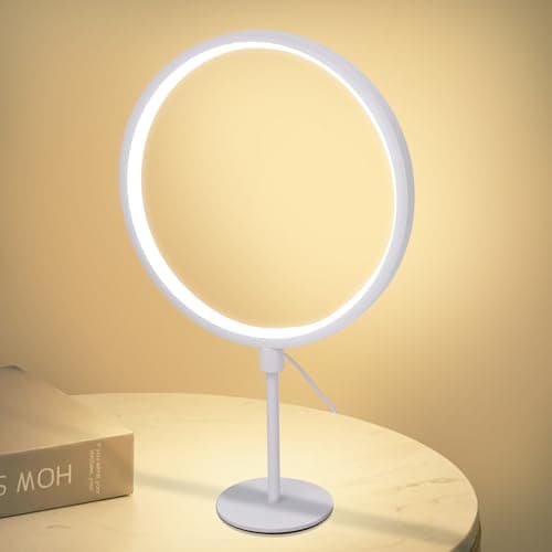 Image of MAYTHANK Metal Bedside Lamp Dimmable,15.8"/40CM Modern Thin Table Lamp Mains Power(USB 5V 2A),Minimalist Circle Ring Circular Design, Light for for Desk Bedroom Living Room Home Office,White