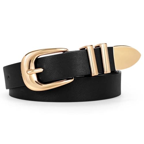 Image of WERFORU Women Fashion Leather Waist Belt for Pants Jeans Ladies Western Thin Belt with Gold Buckle Black