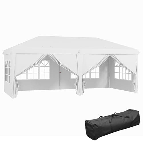 Image of Outsunny 3 x 6 m Garden Pop Up Gazebo, Wedding Party Tent Marquee, Water Resistant Awning Canopy with Sidewalls, Windows, Carry Bag, White