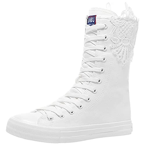 Image of rismart Women's Canvas Boots Lace Trim Mid Calf Punk High Tops Shoes(White-lace,7 UK)