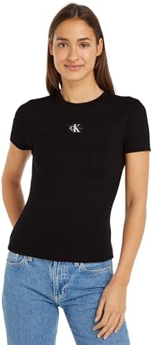 Image of Calvin Klein Jeans Women's Woven Label Ribbed Short Sleeve Round Neck T-Shirt, Black (Ck Black), XXS